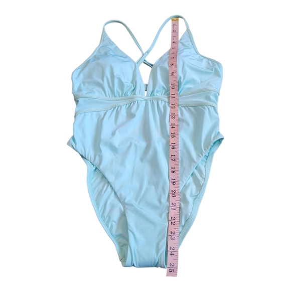 NWOT Bcbgmaxazria Plunging V-Neckline Shirr One Piece Swimsuit Aqua Blue Size 8 - Picture 17 of 17